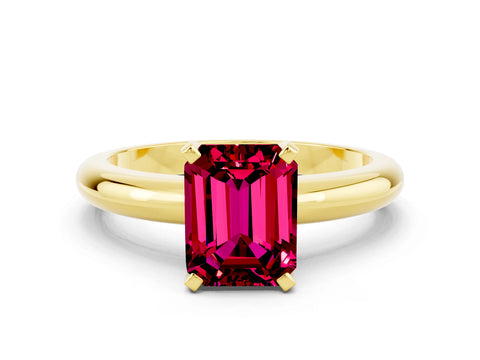 Yellow gold Emerald Cut Garnet Solitaire Engagement Ring with Round Band and Four-Prong Setting