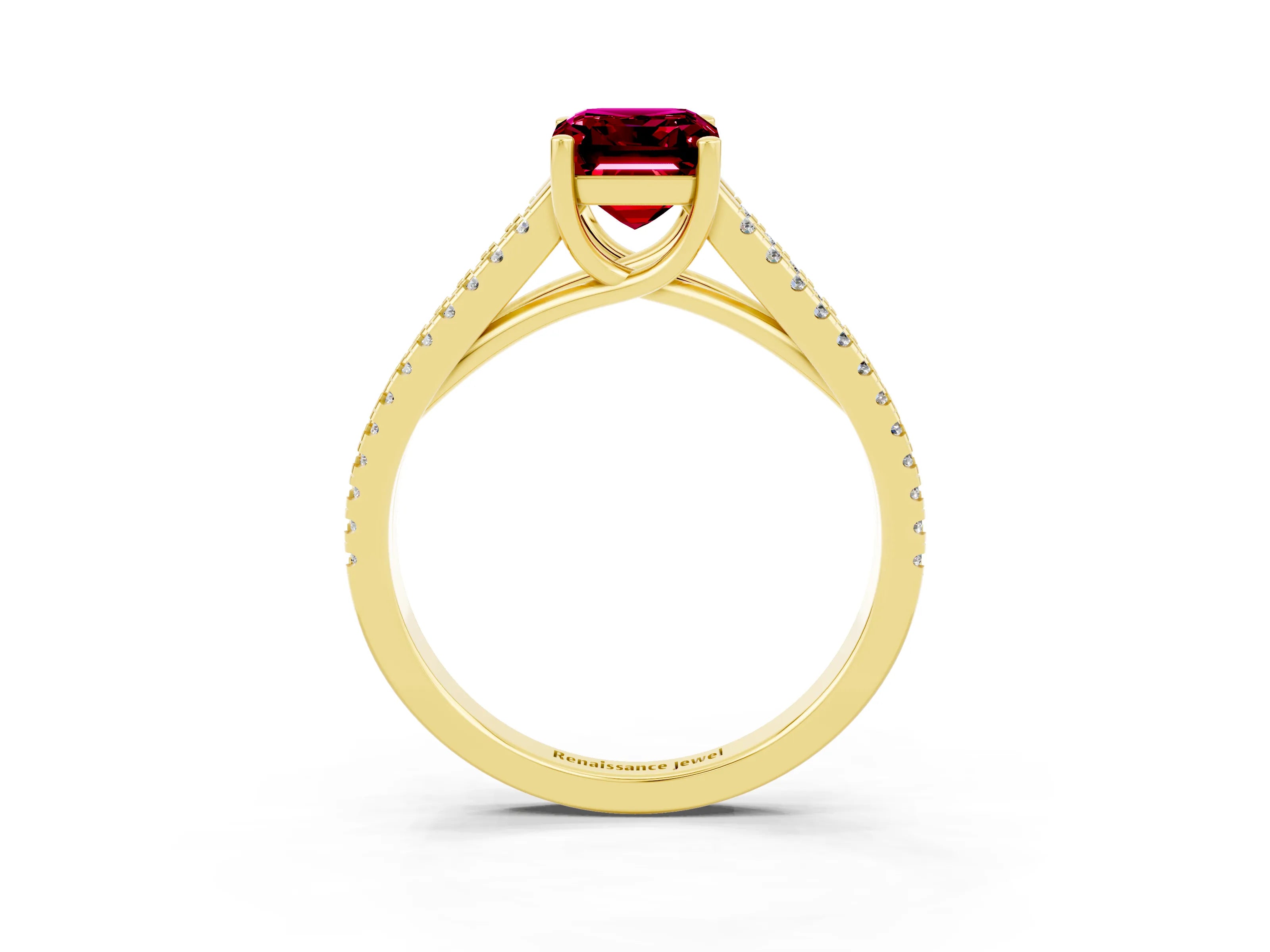 Yellow gold Emerald Cut Garnet Solitaire Engagement Ring with Split Shank Pavé Band_3