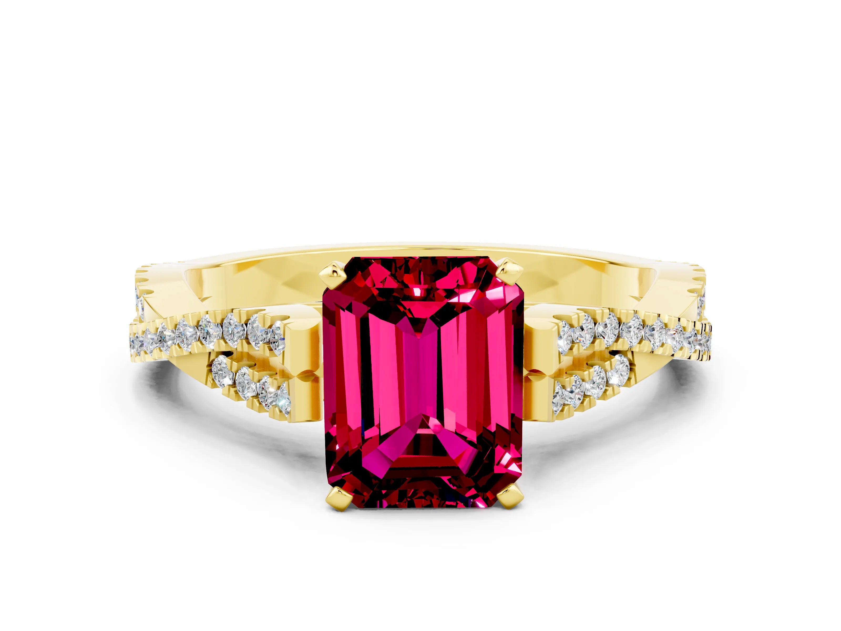Yellow gold Emerald Cut Garnet Solitaire Engagement Ring with Twisted Pavé Band and Four-Prong Setting