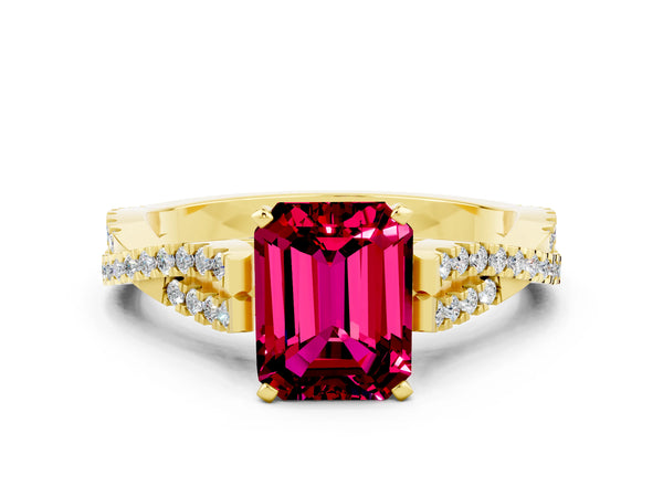 Yellow gold Emerald Cut Garnet Solitaire Engagement Ring with Twisted Pavé Band and Four-Prong Setting