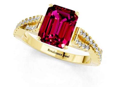 Yellow gold Emerald Cut Garnet Solitaire Engagement Ring with Twisted Pavé Band and Four-Prong Setting_1