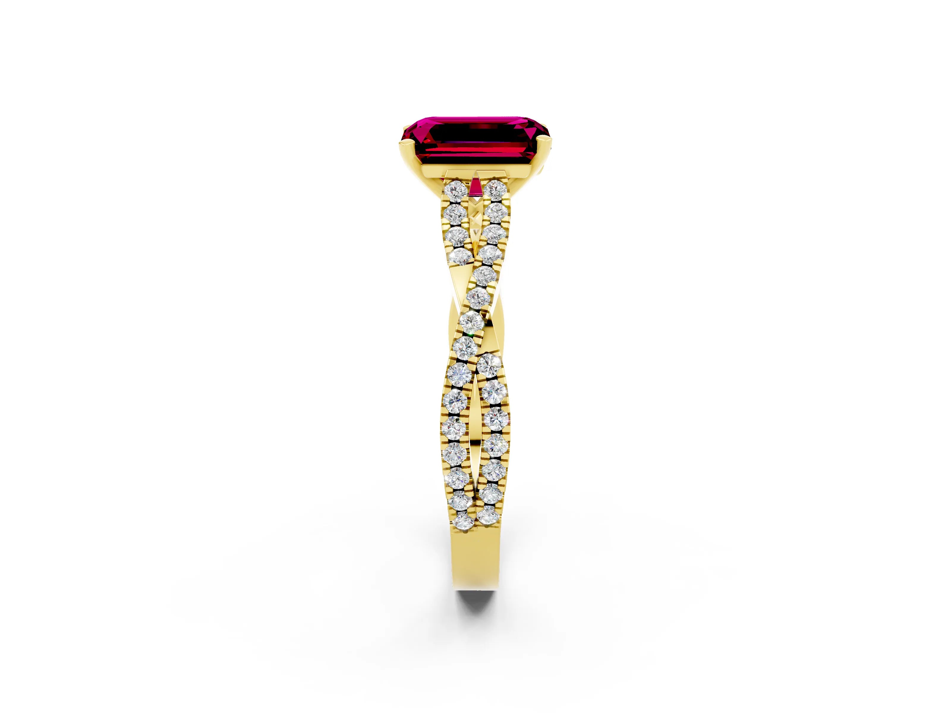 Yellow gold Emerald Cut Garnet Solitaire Engagement Ring with Twisted Pavé Band and Four-Prong Setting_2