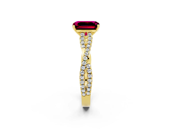 Yellow gold Emerald Cut Garnet Solitaire Engagement Ring with Twisted Pavé Band and Four-Prong Setting