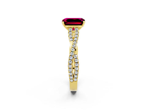 Yellow gold Emerald Cut Garnet Solitaire Engagement Ring with Twisted Pavé Band and Four-Prong Setting_2