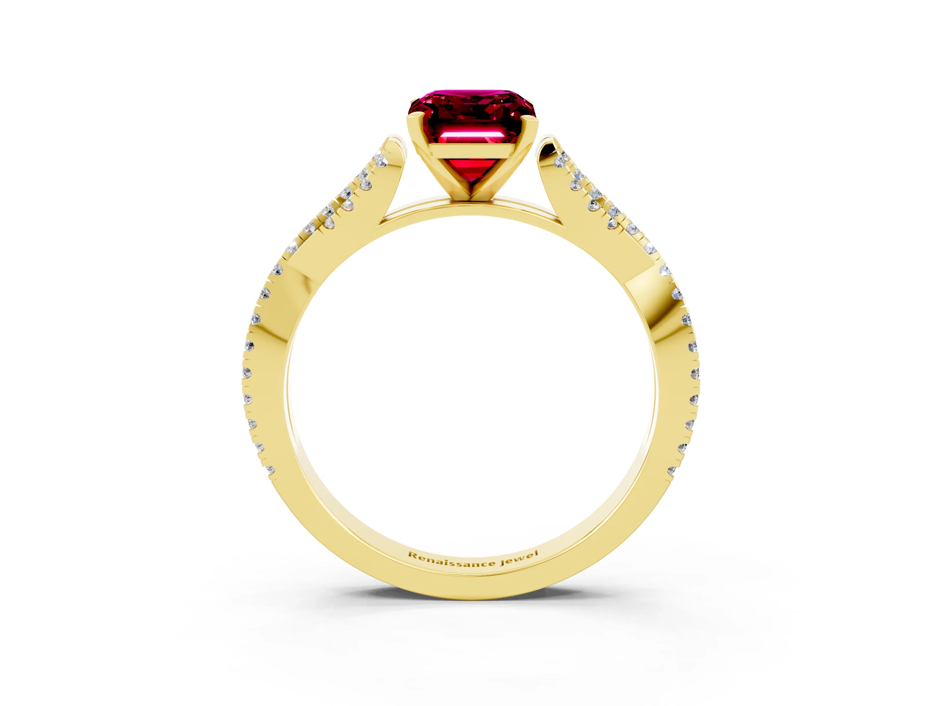 Yellow gold Emerald Cut Garnet Solitaire Engagement Ring with Twisted Pavé Band and Four-Prong Setting_3