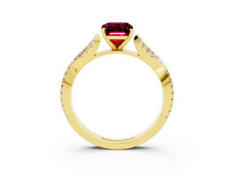 Yellow gold Emerald Cut Garnet Solitaire Engagement Ring with Twisted Pavé Band and Four-Prong Setting_3
