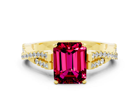 Yellow gold Emerald Cut Garnet Solitaire Engagement Ring with Twisted Pavé Band and Four-Prong Setting