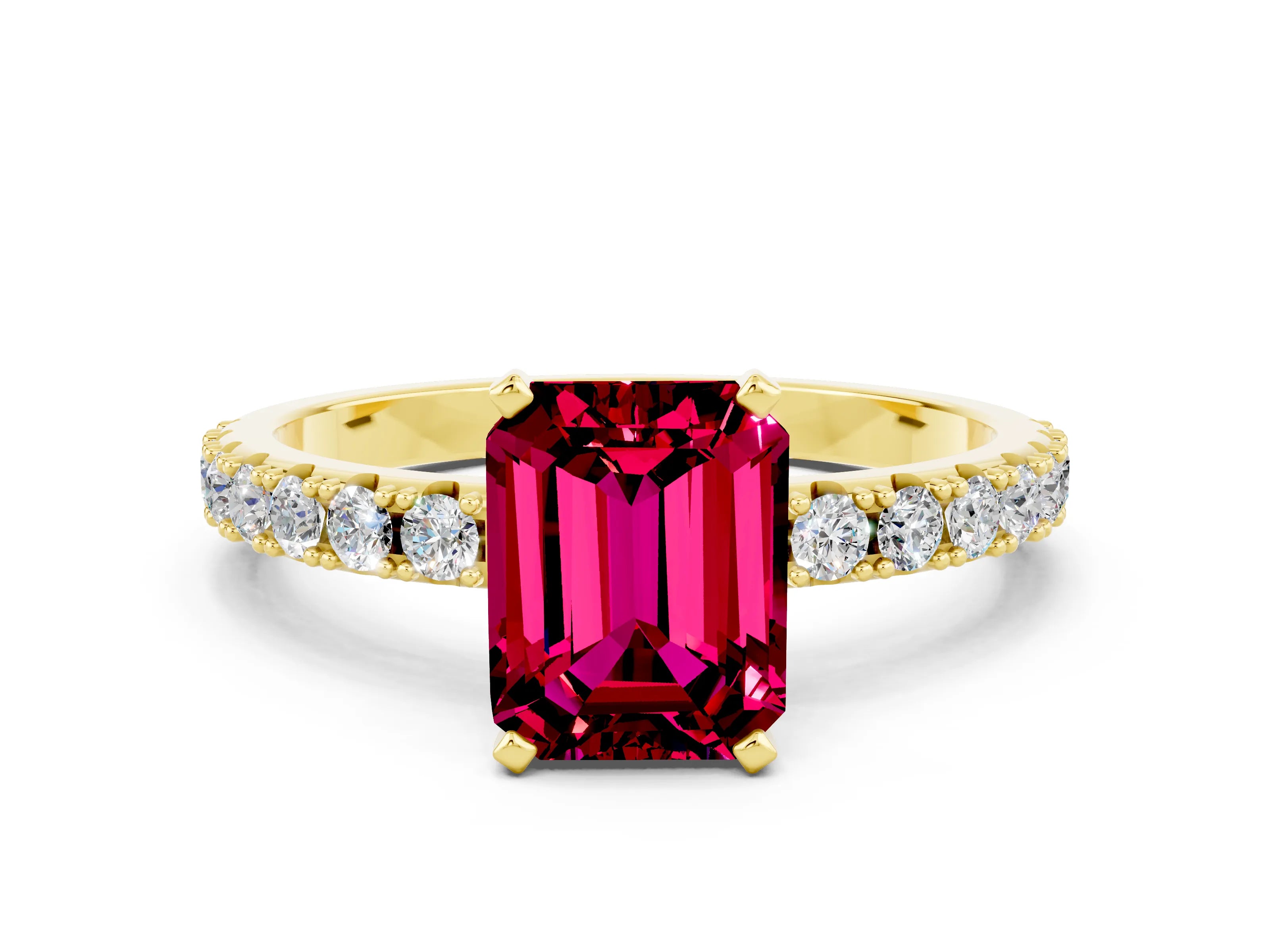 Yellow gold Emerald Cut Garnet Solitaire Pavé Band with Four-Prong Setting