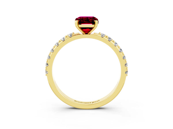 Yellow gold Emerald Cut Garnet Solitaire Pavé Band with Four-Prong Setting