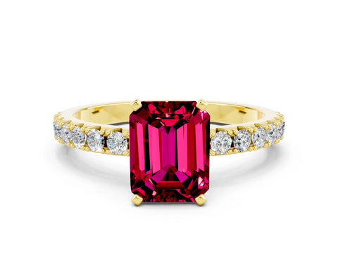 Yellow gold Emerald Cut Garnet Solitaire Pavé Band with Four-Prong Setting