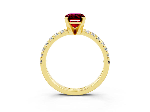 Yellow gold Emerald Cut Garnet Solitaire Pavé Engagement Ring with Round Band and Prong Setting