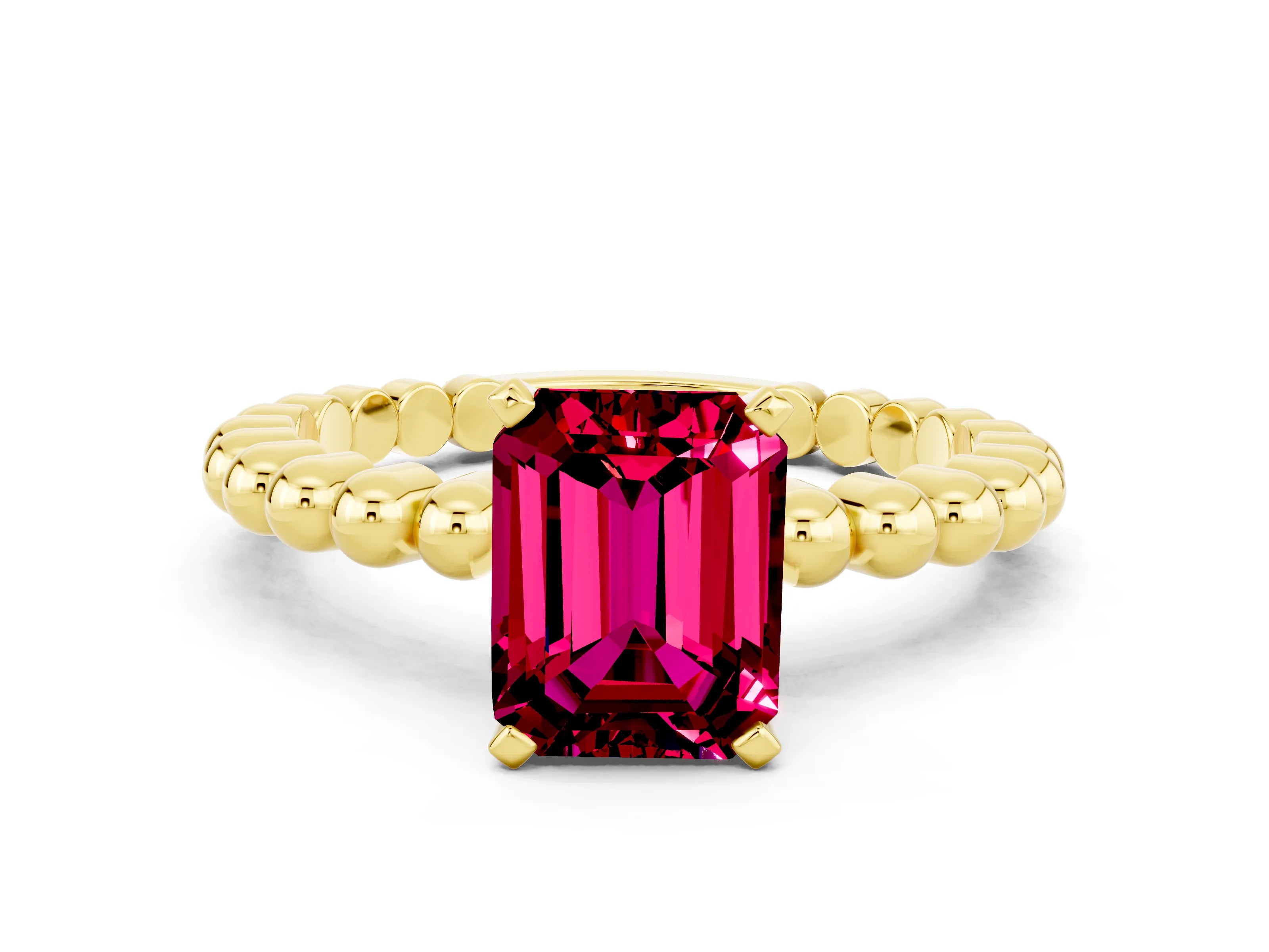 Yellow gold Emerald Cut Garnet Solitaire Ring with Beaded Band and Prong Setting