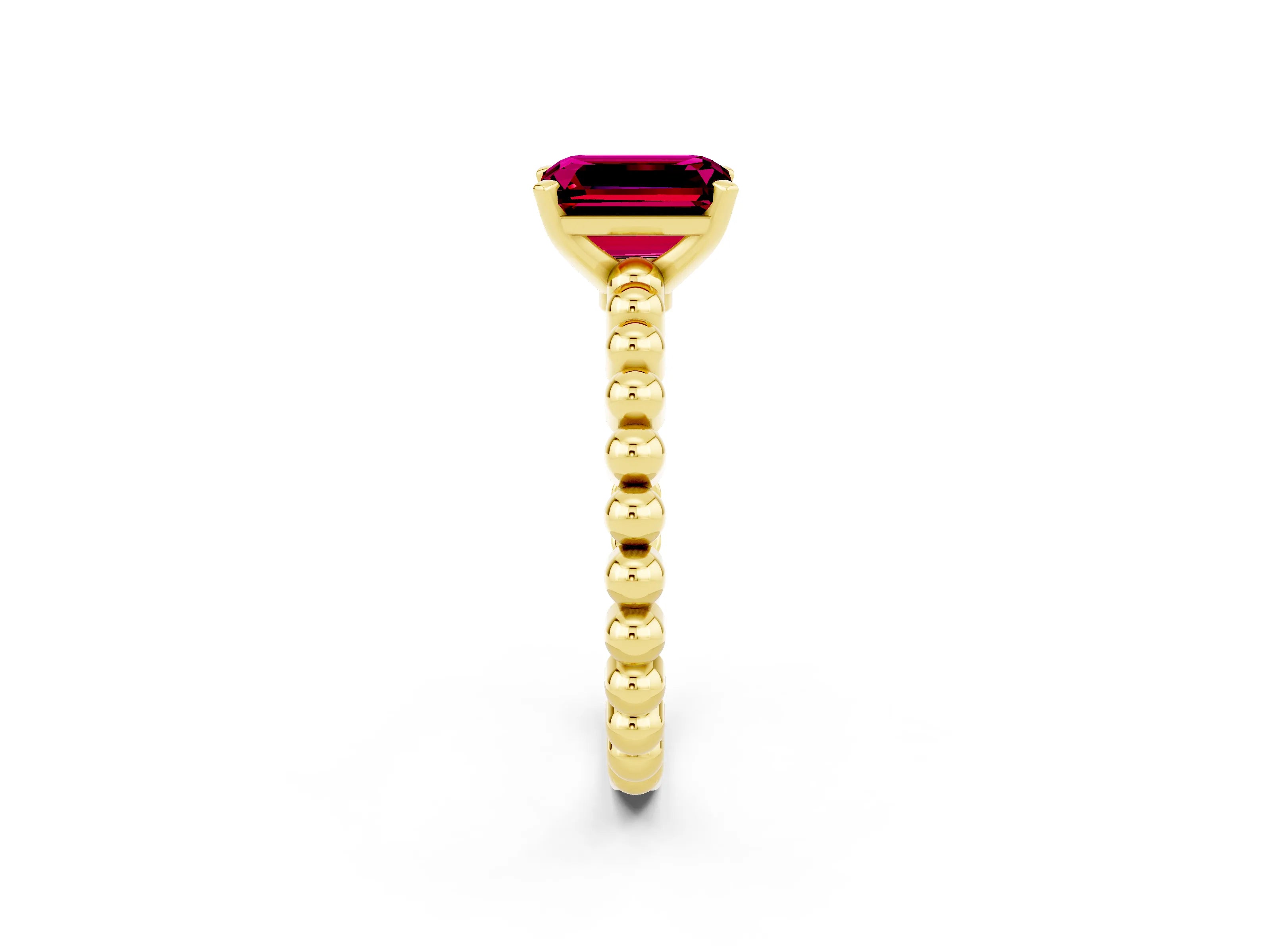 Yellow gold Emerald Cut Garnet Solitaire Ring with Beaded Band and Prong Setting_2