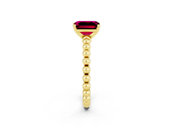 Yellow gold Emerald Cut Garnet Solitaire Ring with Beaded Band and Prong Setting