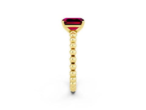 Yellow gold Emerald Cut Garnet Solitaire Ring with Beaded Band and Prong Setting_2