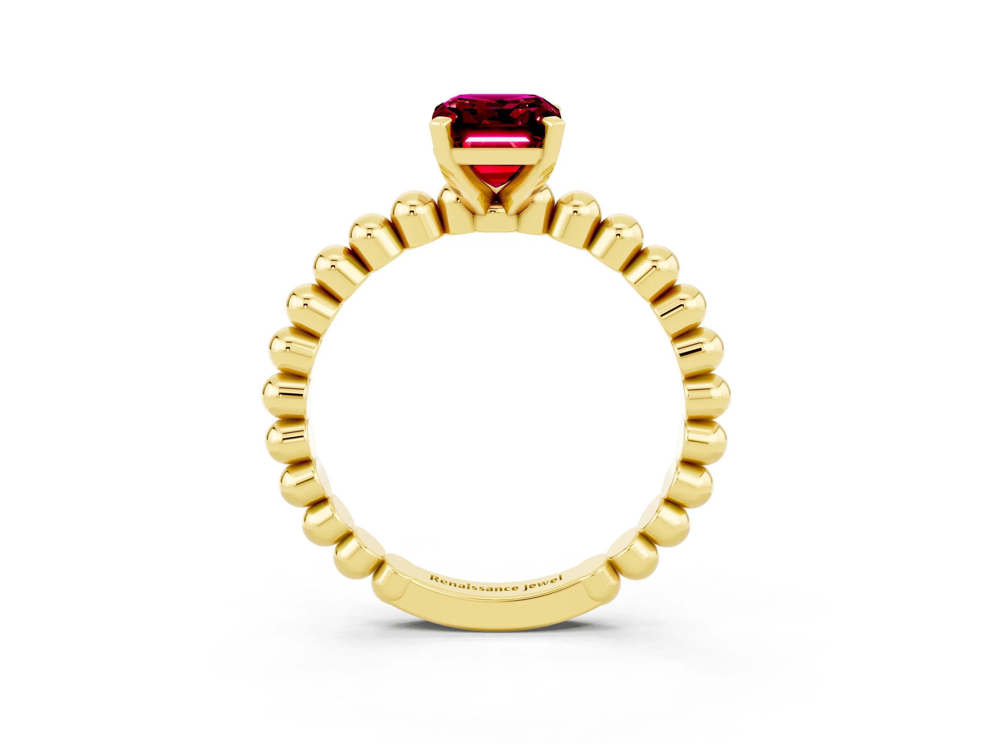 Yellow gold Emerald Cut Garnet Solitaire Ring with Beaded Band and Prong Setting_3