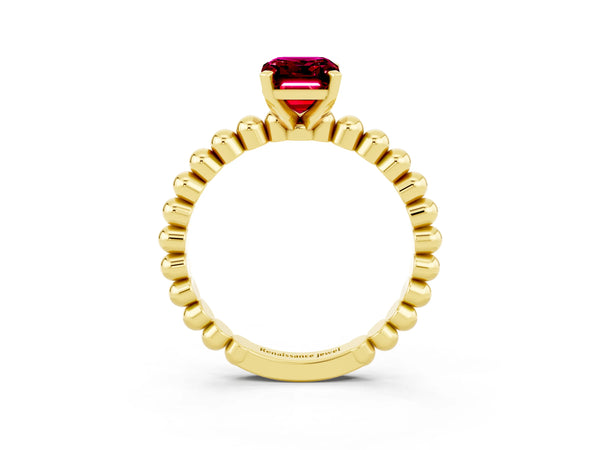 Yellow gold Emerald Cut Garnet Solitaire Ring with Beaded Band and Prong Setting