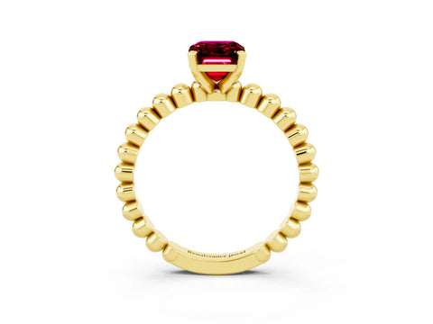 Yellow gold Emerald Cut Garnet Solitaire Ring with Beaded Band and Prong Setting_3