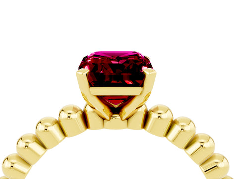 Yellow gold Emerald Cut Garnet Solitaire Ring with Beaded Band and Prong Setting_4