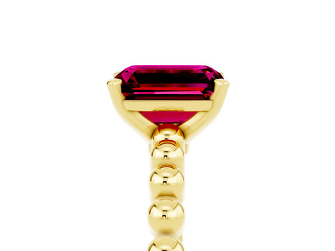 Yellow gold Emerald Cut Garnet Solitaire Ring with Beaded Band and Prong Setting_5