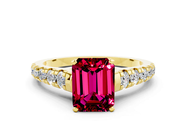 Yellow gold Emerald Cut Garnet Cathedral Solitaire Ring with Round  Pavé Band