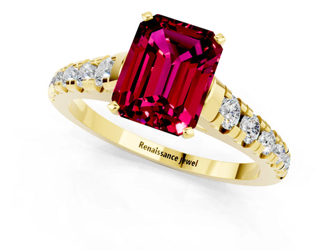 Yellow gold Emerald Cut Garnet Solitaire Ring with Cathedral Setting and Pavé Band_1