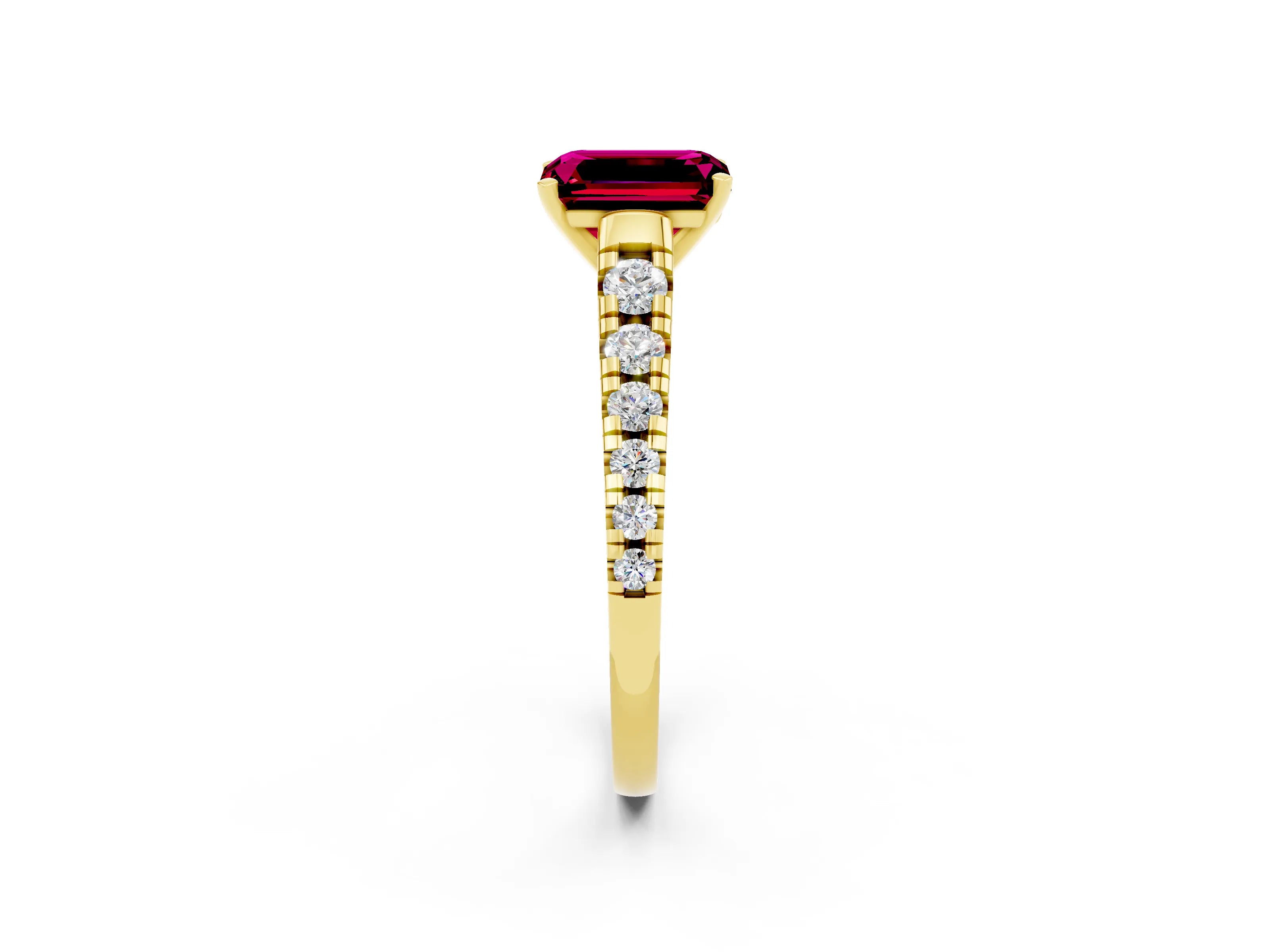 Yellow gold Emerald Cut Garnet Solitaire Ring with Cathedral Setting and Pavé Band_2