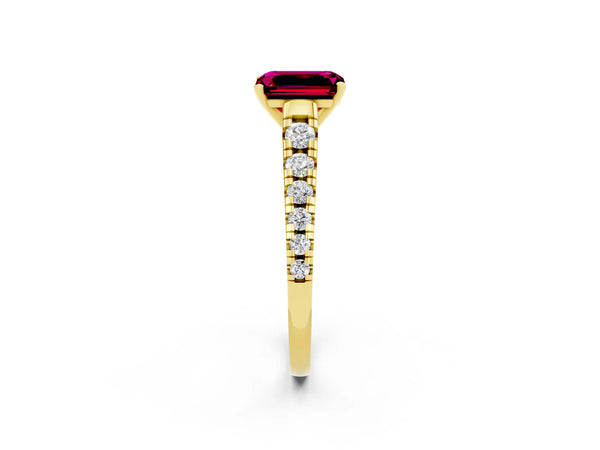 Yellow gold Emerald Cut Garnet Cathedral Solitaire Ring with Round  Pavé Band