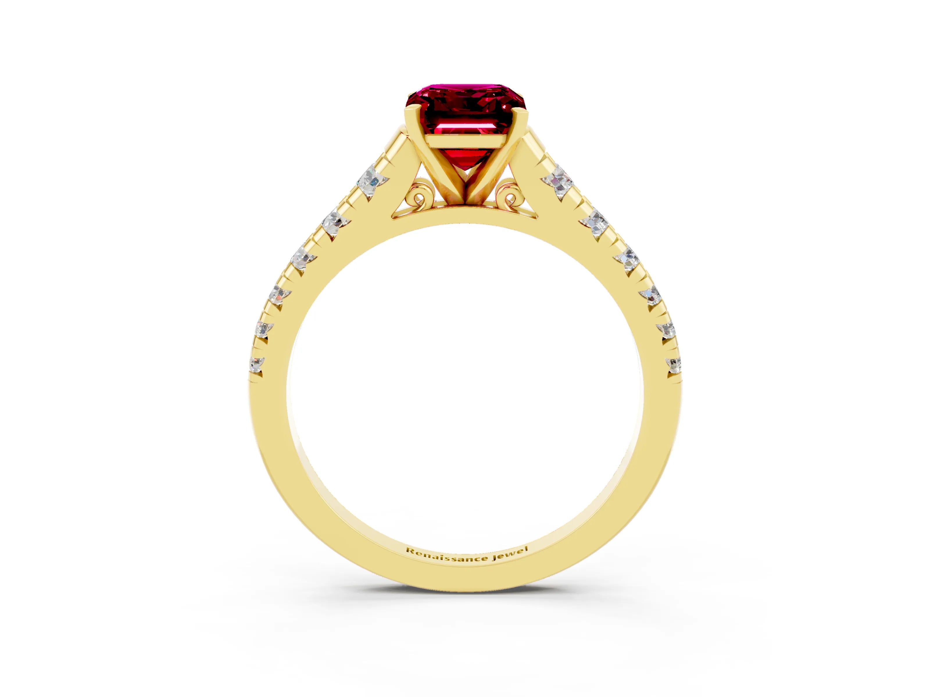 Yellow gold Emerald Cut Garnet Solitaire Ring with Cathedral Setting and Pavé Band_3
