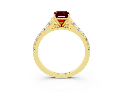 Yellow gold Emerald Cut Garnet Solitaire Ring with Cathedral Setting and Pavé Band_3