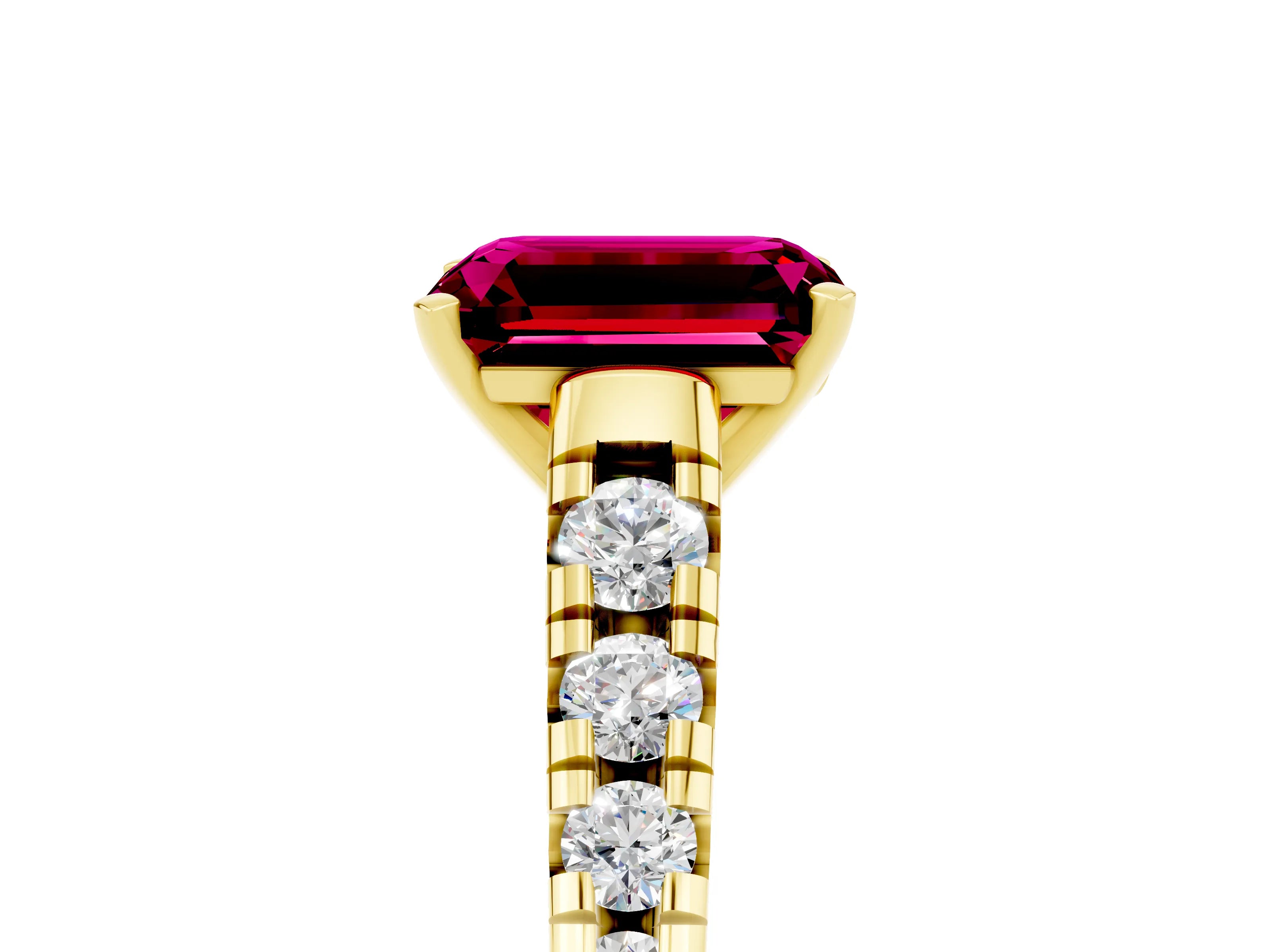 Yellow gold Emerald Cut Garnet Solitaire Ring with Cathedral Setting and Pavé Band_5