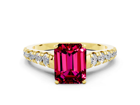 Yellow gold Emerald Cut Garnet Solitaire Ring with Cathedral Setting and Pavé Band