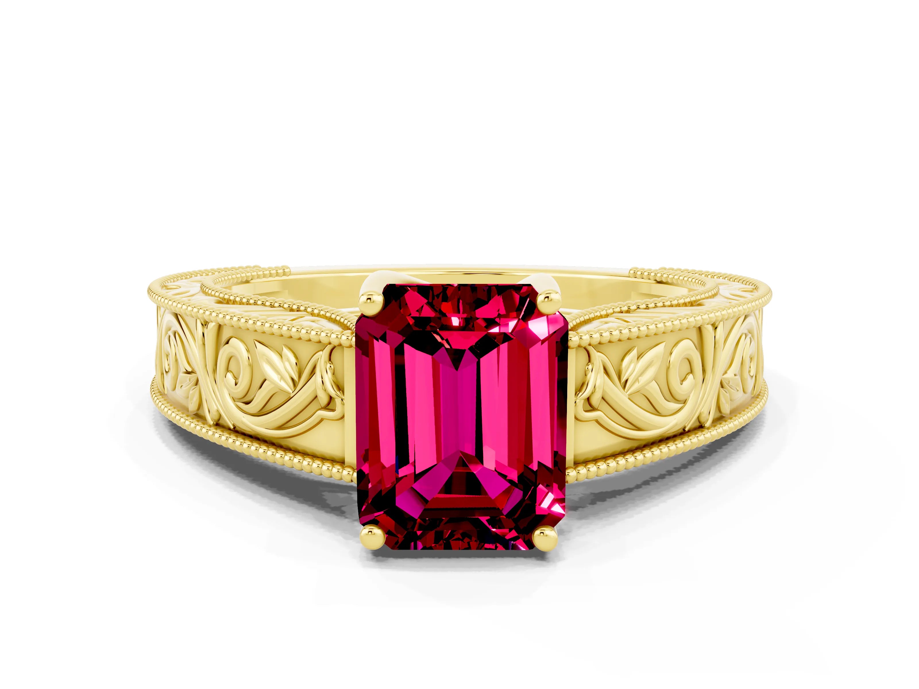 Yellow gold Emerald Cut Garnet Solitaire Ring with Engraved Band and Four-Prong Setting