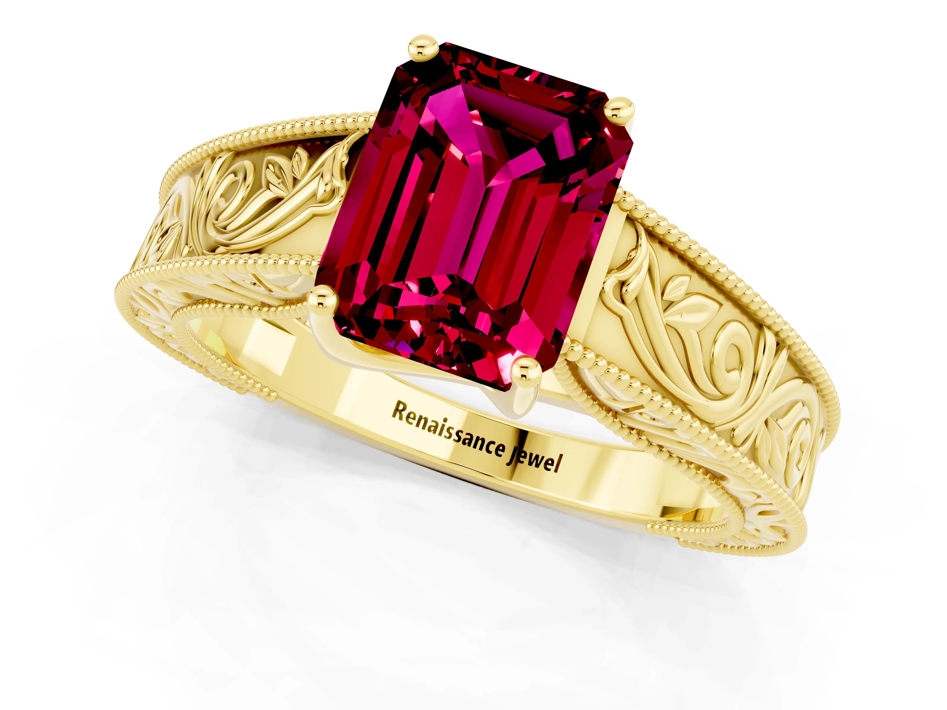 Yellow gold Emerald Cut Garnet Solitaire Ring with Engraved Band and Four-Prong Setting_1