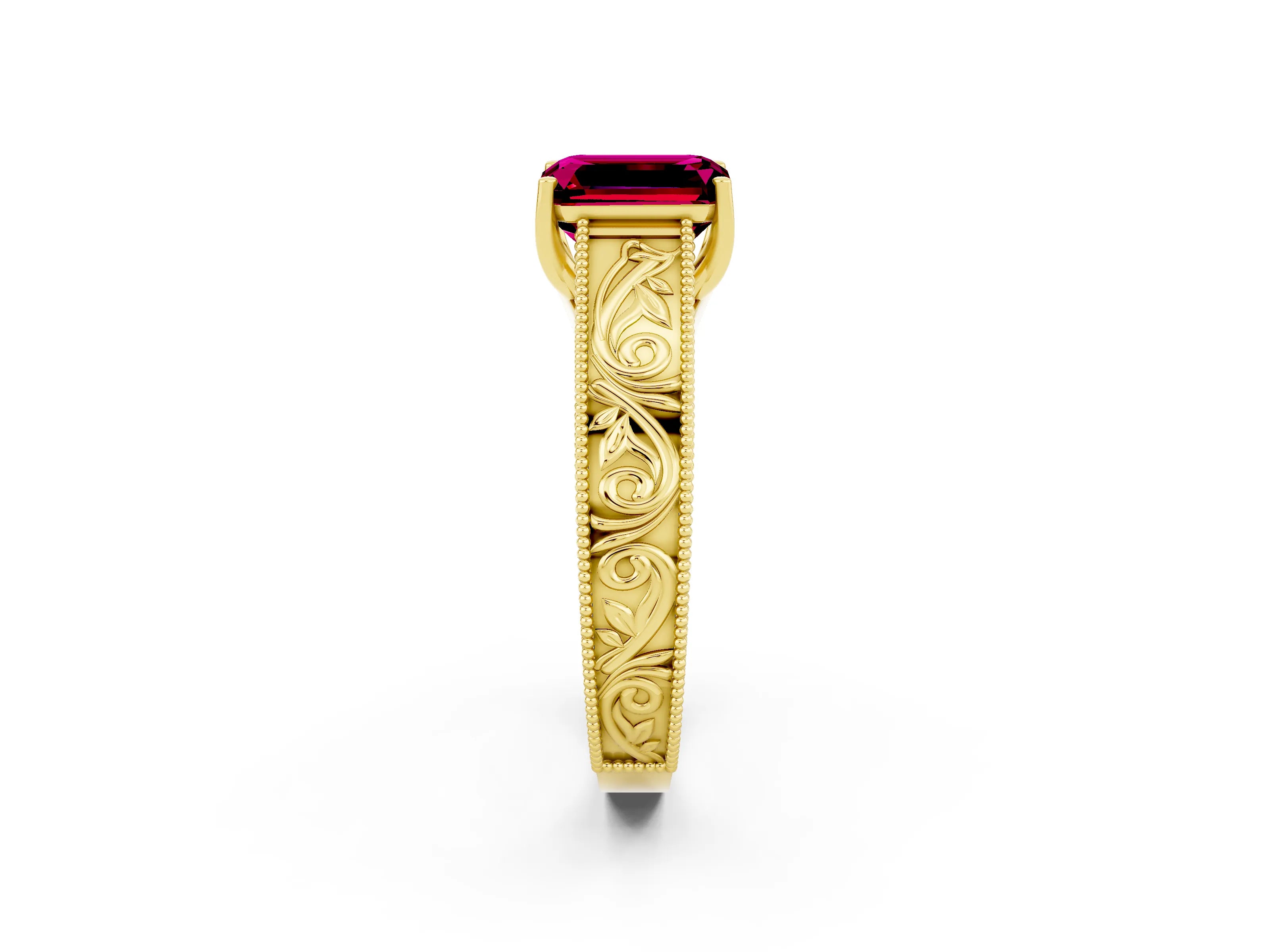 Yellow gold Emerald Cut Garnet Solitaire Ring with Engraved Band and Four-Prong Setting_2