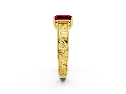 Yellow gold Emerald Cut Garnet Solitaire Ring with Engraved Band and Four-Prong Setting_2