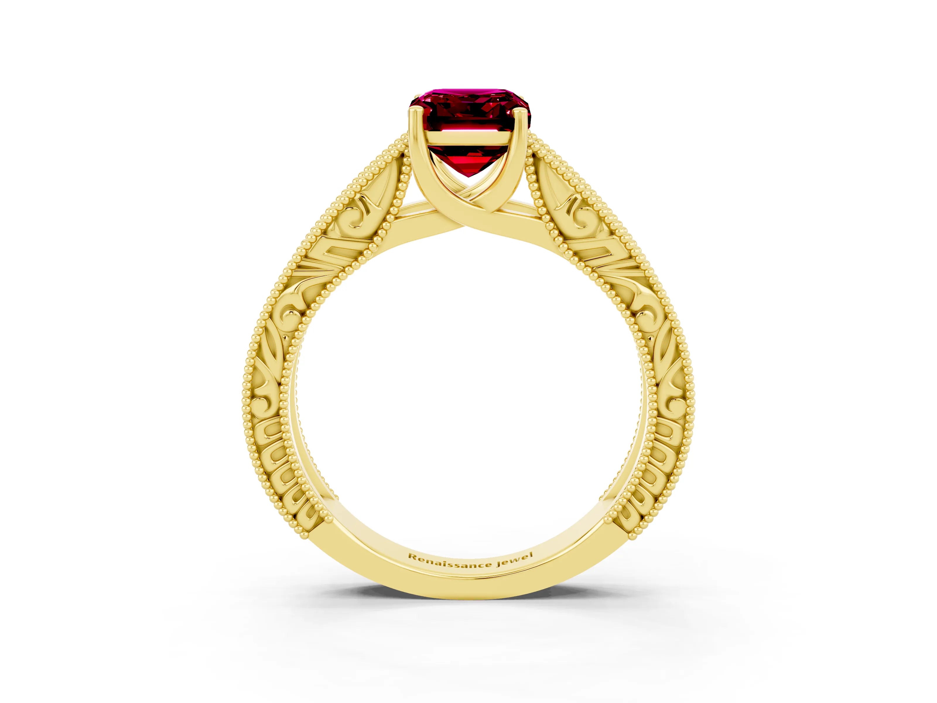 Yellow gold Emerald Cut Garnet Solitaire Ring with Engraved Band and Four-Prong Setting_3