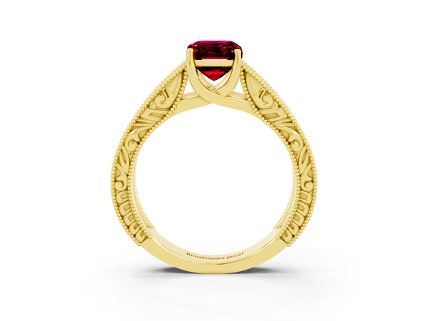 Yellow gold Emerald Cut Garnet Solitaire Ring with Engraved Band and Four-Prong Setting