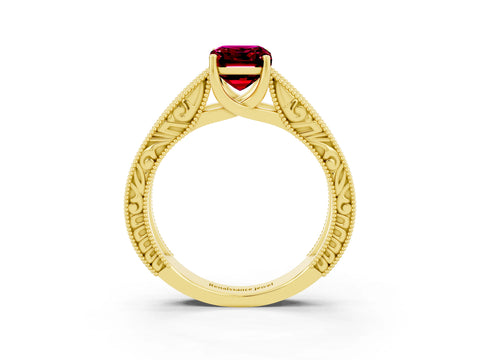 Yellow gold Emerald Cut Garnet Solitaire Ring with Engraved Band and Four-Prong Setting_3