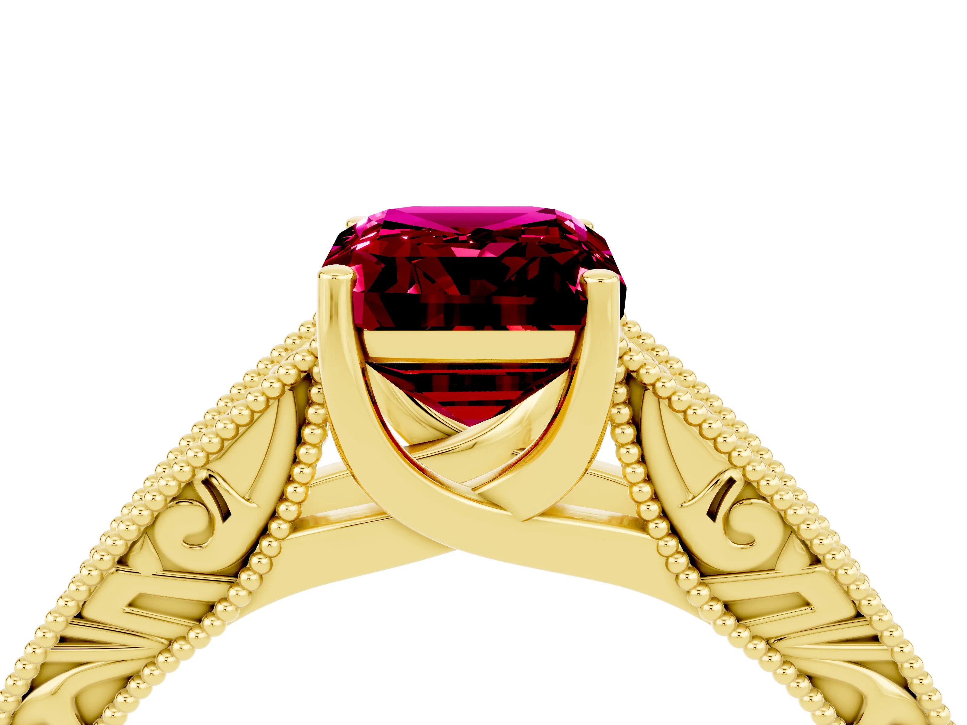 Yellow gold Emerald Cut Garnet Solitaire Ring with Engraved Band and Four-Prong Setting_4