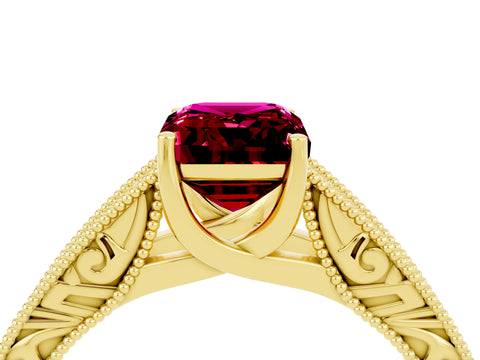 Yellow gold Emerald Cut Garnet Solitaire Ring with Engraved Band and Four-Prong Setting_4