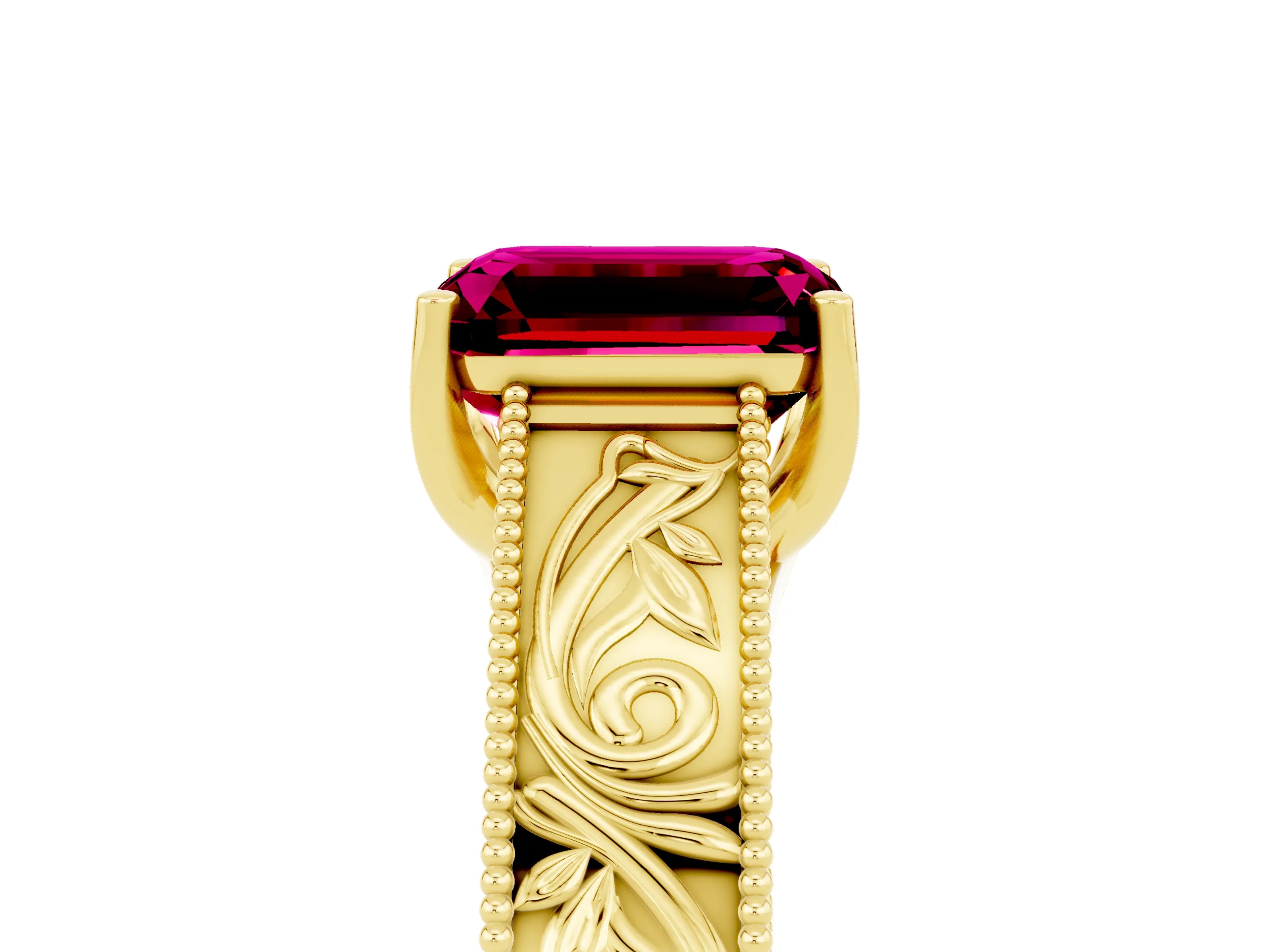 Yellow gold Emerald Cut Garnet Solitaire Ring with Engraved Band and Four-Prong Setting_5