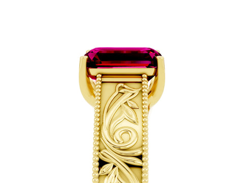 Yellow gold Emerald Cut Garnet Solitaire Ring with Engraved Band and Four-Prong Setting_5