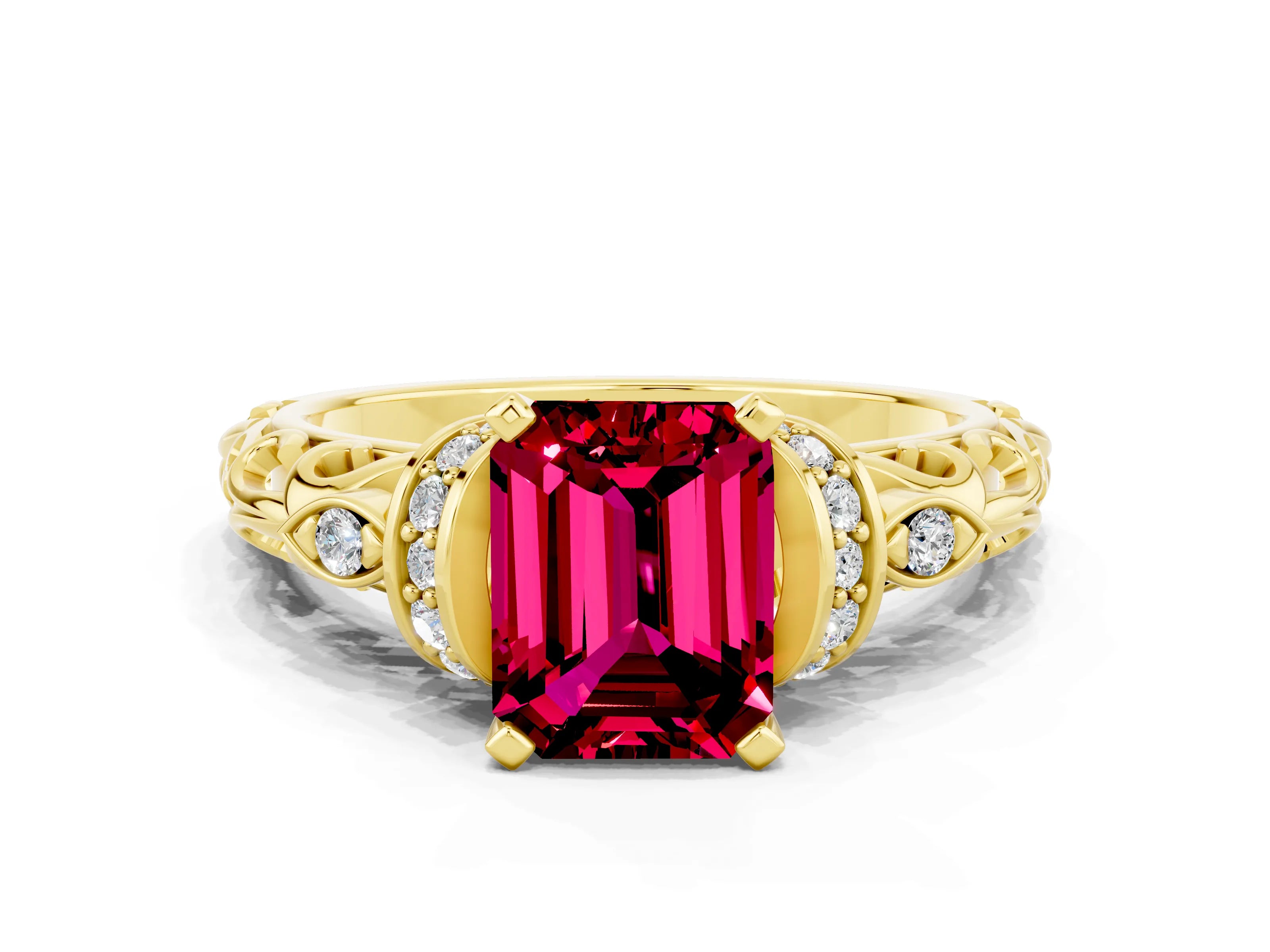 Yellow gold Emerald Cut Garnet Solitaire Ring with Filigree Band and Four-Prong Setting_47