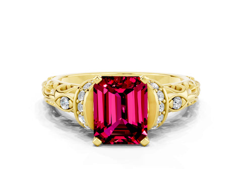 Yellow gold Emerald Cut Garnet Solitaire Ring with Filigree Band and Four-Prong Setting_47