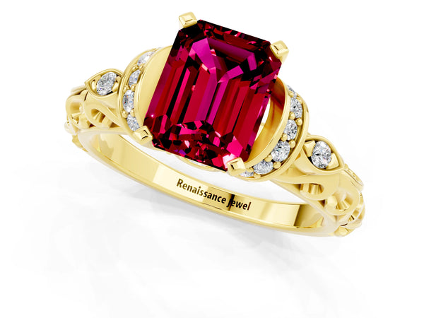 Yellow gold Emerald Cut Garnet Solitaire Ring with Filigree Band and Four-Prong Setting