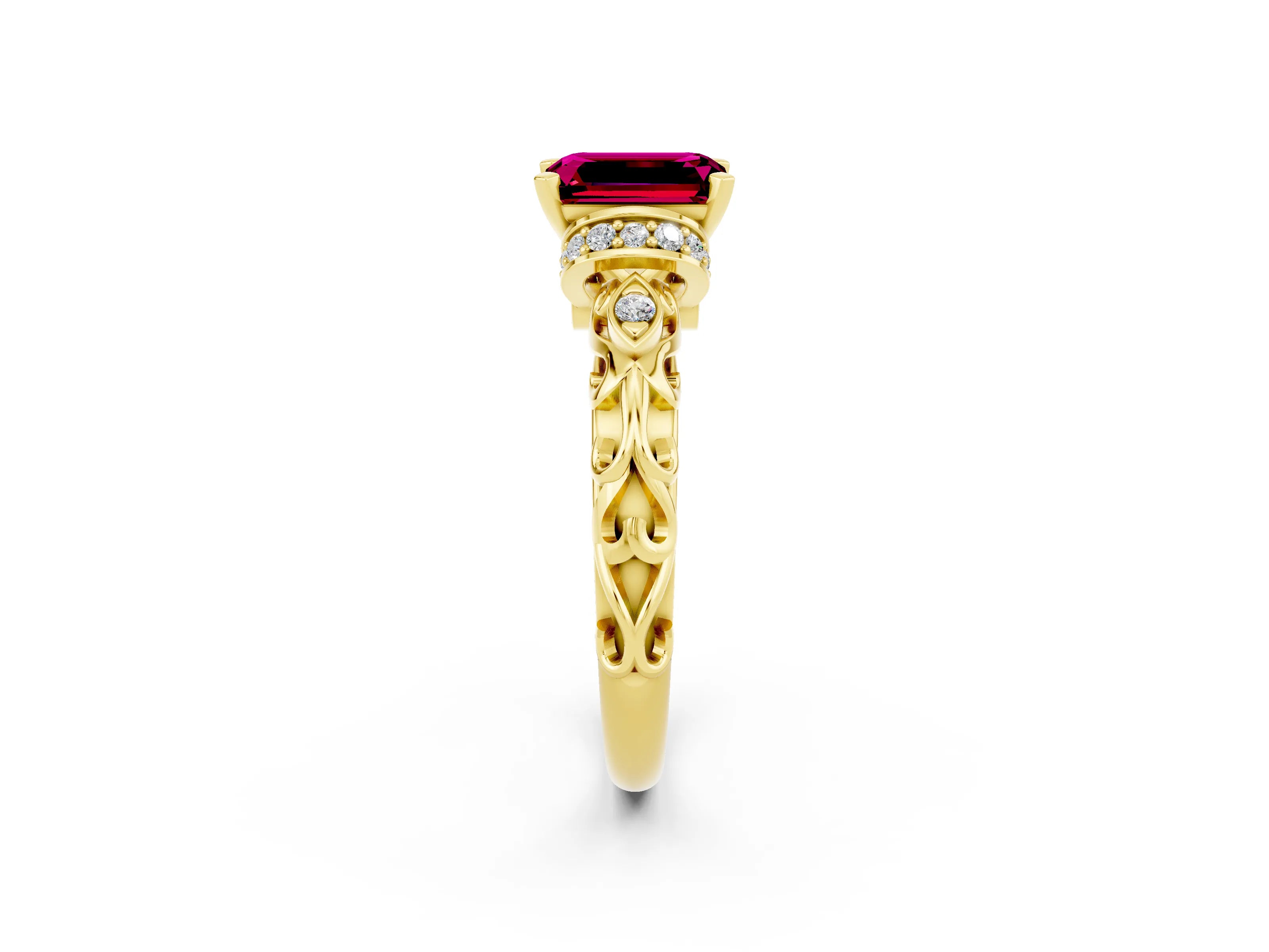 Yellow gold Emerald Cut Garnet Solitaire Ring with Filigree Band and Four-Prong Setting_49