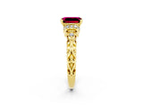 Yellow gold Emerald Cut Garnet Solitaire Ring with Filigree Band and Four-Prong Setting_49