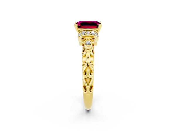 Yellow gold Emerald Cut Garnet Solitaire Ring with Filigree Band and Four-Prong Setting