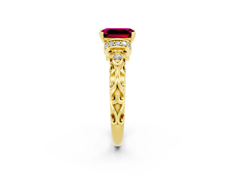 Yellow gold Emerald Cut Garnet Solitaire Ring with Filigree Band and Four-Prong Setting_49